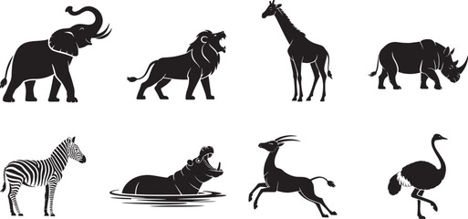 Naklejka premium Vector Collection of African Safari Animal Silhouettes Featuring Elephant, Giraffe, Zebra, Hippo, Buffalo, Wildebeest, Antelope, and Ostrich on White Background