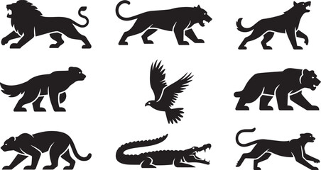 Vector Set of Wild Jungle Predator Animal Silhouettes Including Lion, Tiger, Leopard, Wolf, Bear, Crocodile, Eagle, and Panther on White Background