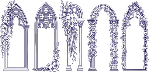 Gothic window frame, hand drawn cloister arch vector border, wedding invitation floral design set. Fantasy vintage medieval portal, celebration romantic flower branch print. Castle pillar gothic frame
