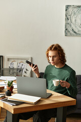 Young man enjoying a cozy day at home while working on his laptop and sipping coffee