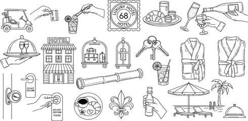  Hotel doodle icon set, vector hand drawn summer vacation villa luxury resort line illustration kit. Building entrance, suite handle, bathroom accessories, restaurant bar drinks, lobby cart. Hotel ico