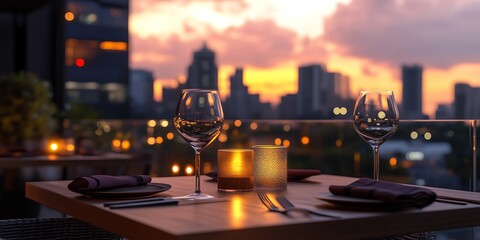 modern rooftop restaurant at sunset, overlooking a vibrant city skyline, focus on foreground table with wine glasses and candlelight