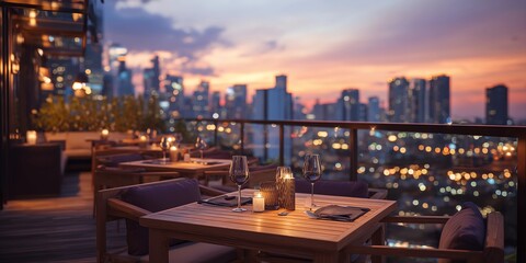 modern rooftop restaurant at sunset, overlooking a vibrant city skyline, focus on foreground table with wine glasses and candlelight
