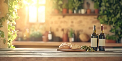 Mediterranean taverna,  wine bottles, a wooden table in sharp focus with fresh bread and olives