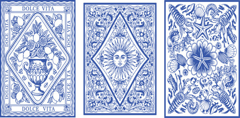  Italy summer bandana print set, Amalfi vector lemon hand drawn square tile, blue mediterranean stamp. Sicilian traditional fashion design, seashell blanket background. Italy textile decoration print