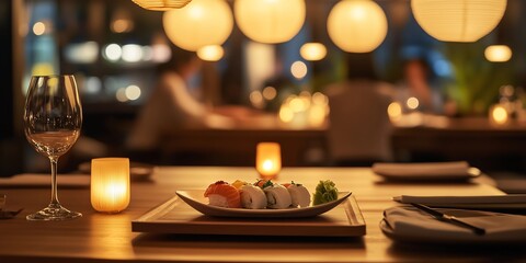 High-end Japanese restaurant, clean wooden surfaces with soft paper lantern glow, bokeh from distant candlelight, a delicate sushi platter