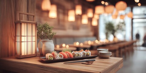 High-end Japanese restaurant, bokeh from distant candlelight, a delicate sushi platter