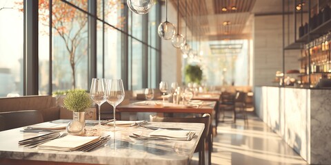 modern restaurant interior, soft golden hour light streaming through floor-to-ceiling windows, elegant marble tables with polished cutlery