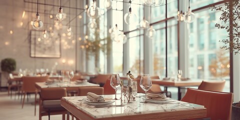 modern restaurant interior, soft golden hour light streaming through floor-to-ceiling windows, elegant marble tables with polished cutlery