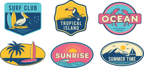 Summer beach postage sticker set, vector exotic ocean doodle print, hand drawn vintage tropical logo. Coastal vacation postal stamps, Hawaii marine emblem, surfboard sign, crab, palm. Summer sticker.