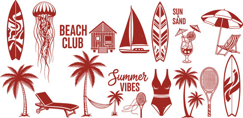 Summer ocean beach print, vector hand drawn sea coastal silhouette tropical vacation postcard set. Travel minimal icon, palm tree, surfboard resort relax graphic sign. Groovy summer beach illustration