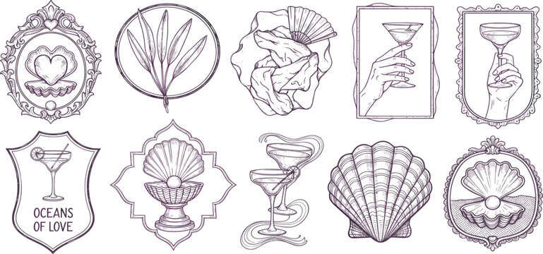 Sea whimsical wedding frame set, vector coastal ocean invitation border, elegant ribbon bow decor. Vintage doodle seashell line hand drawn illustration, coquettish woman hand, pearl. Whimsical frame