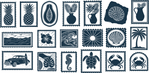 Summer tropical print set, vector hand drawn exotic surf vintage sticker, ocean Hawaii travel stamp. Vacation postcard design, sun symbol, palm tree, sea wave