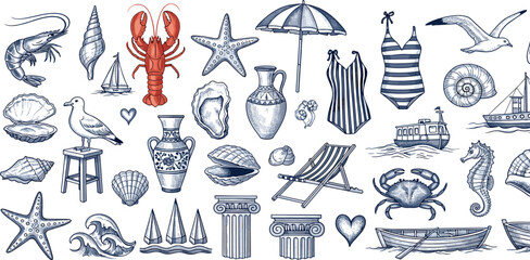 Summer vacation illustration set, watercolor seashore travel objects, hand drawn vector yacht, boat. Ocean voyage vintage icon, nautical beach art collection, sun, seagull.