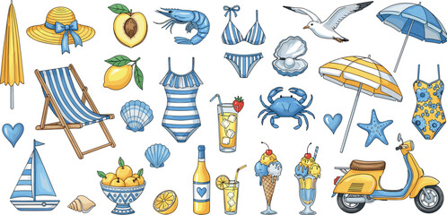 Summer vacation set, vector watercolor hand drawn Italian travel sticker, wine bottle, glass, conch. Yellow lemon, umbrella, mediterranean seashore picnic retro coastal print.