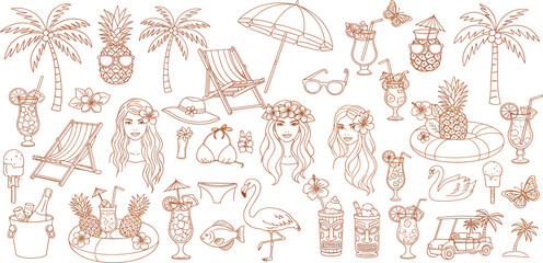 Tropical summer Hawaii doodle set, vector exotic hand drawn travel illustration, paradise island kit. Vacation beach party object, ocean rest line print, traditional Polynesian woman