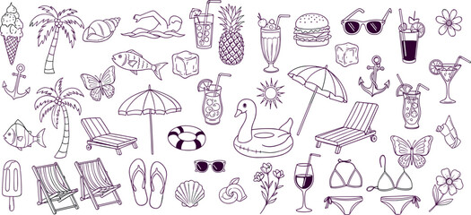 Tropical summer doodle icon set, vector hand drawn exotic vacation line illustration, pool party kit. Hawaii beach holiday rest