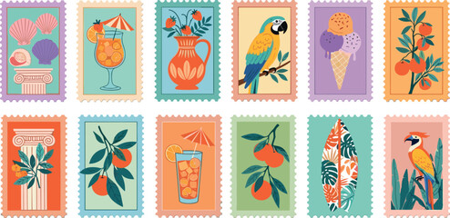 Tropical summer postal travel stamp, hand drawn exotic vacation postage island bird silhouette print. Vintage hand drawn tourism sticker, ocean surfboard, fruit cocktail retro set.