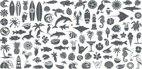 Tropical summer ocean print kit, hand drawn exotic nature silhouette stamp, vintage coastal logo. Sea shore surf travel sticker, Hawaii fruit, plant symbols, postage beach vacation badge