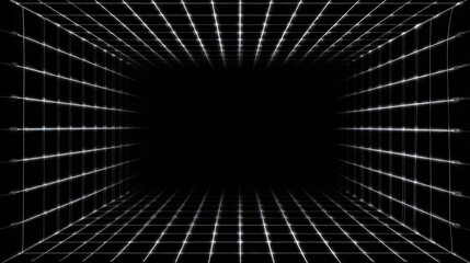 Black and white abstract background with a grid-like pattern. the grid is made up of thin white lines that form a tunnel-like structure.