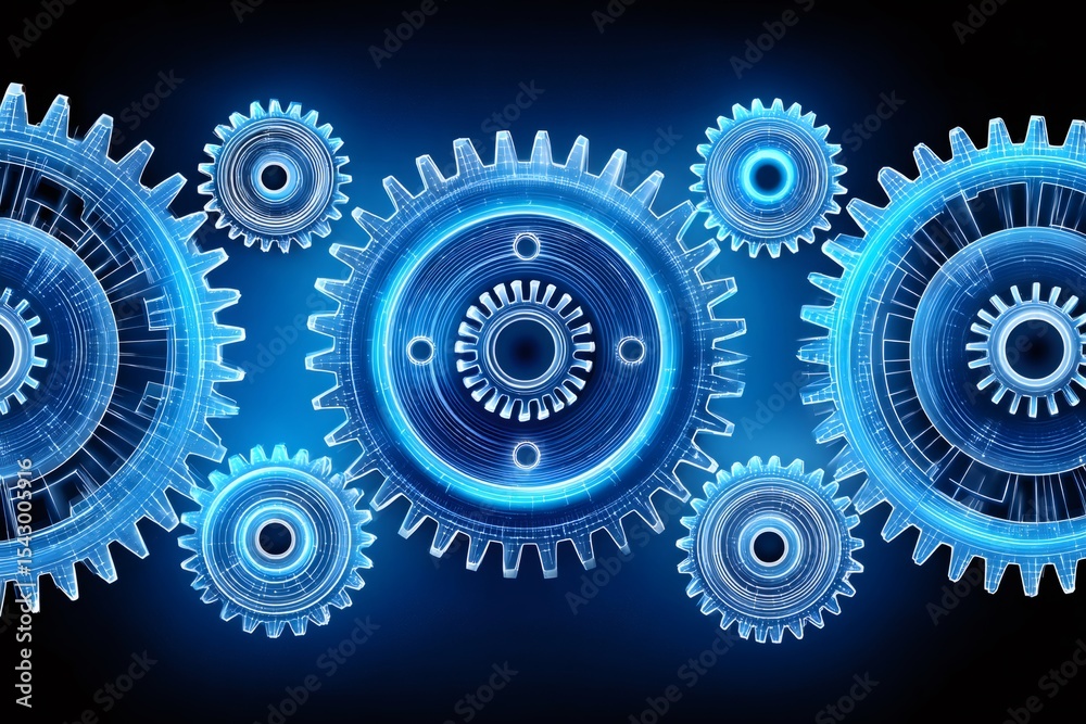 Poster Gears rotating and connecting, representing teamwork and engineering precision