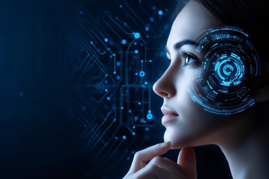 Woman using futuristic head up display with digital interface and circuitry