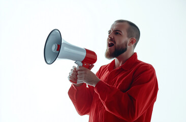 Young Handsome Indian Man with Megaphone – Sales Promotion & Advertising Concept, High-Resolution Studio Stock Photo with White Background & Copy Space