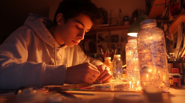 Teen boy crafting decorative lights from recycled plastic bottles, working carefully at his desk, warm ambient lighting, cozy DIY atmosphere, ultra-realistic, no text, no watermark 