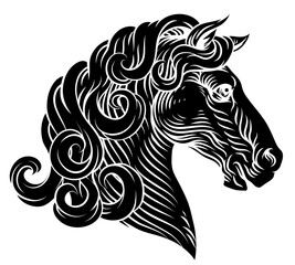 Horse head, an original illustration in a retro woodcut etching vintage style