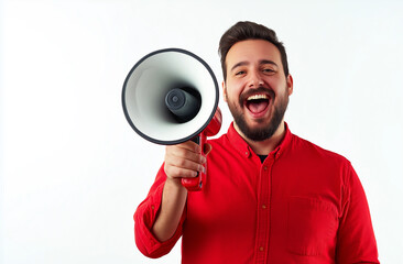 Young Handsome Indian Man with Megaphone – Sales Promotion & Advertising Concept, High-Resolution Studio Stock Photo with White Background & Copy Space