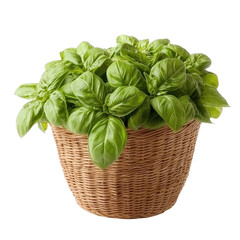 Naklejka premium Fresh sweet basil in a woven basket isolated on a Transparent background for culinary use and decoration, Sweet Basil in the basket isolated on PNG background