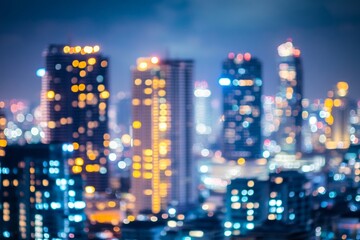 Fototapeta premium Blurred Night Cityscape With Illuminated Skyscrapers