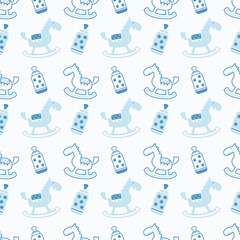 Seamless pattern on a baby theme. Horse and feeding bottle in blue. White background