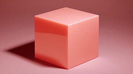 3d rendering of a cube. the cube is square in shape and has a smooth surface. it is a bright coral color and is placed on a plain pink background.