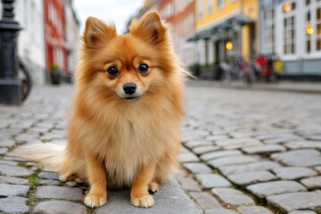 Adorable pomeranian dog sitting on cobblestone street in european city