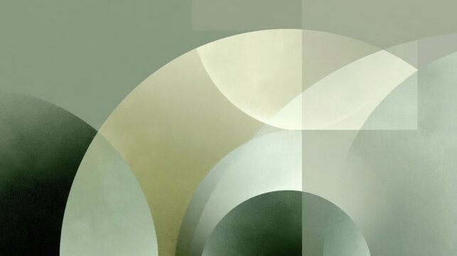 Abstract digital art piece with a modern and minimalistic design. it has a light green background with three overlapping circles in different shades of green and beige.