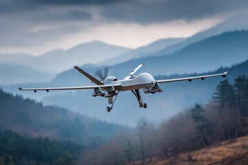 Military Drone in Flight Over Misty Mountains: High-Resolution Stock Photo of Unmanned Aerial Vehicle (UAV) with Missiles, Perfect for News, Military, and Technology Articles, Websites, and Presentati