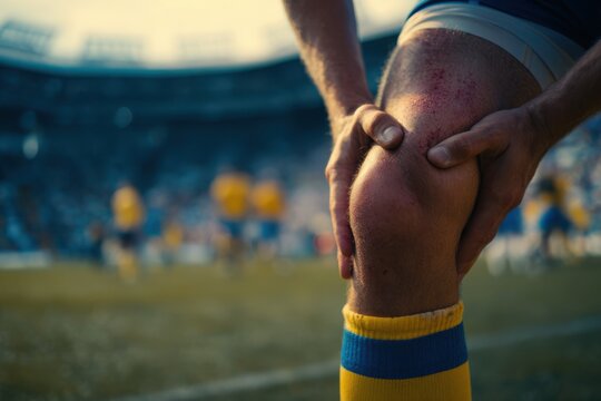 Close-up of a male athlete's injured knee, showing scrapes and bruises. He holds his leg in pain after a sports injury on the field.  Perfect for sports medicine, insurance, or injury recovery content