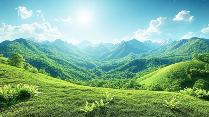 Obraz premium Lush Green Mountain Valley With Shining Sun Scenic Landscape