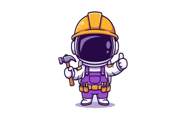 Cartoon Astronaut Construction Worker illustration of an astronaut equipped with a hard hat and tools, giving a thumbs-up, blending space exploration with construction themes.