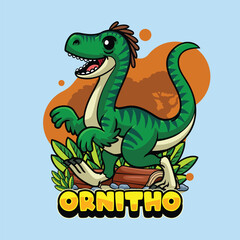 Obraz premium Cute Ornitholestes Dinosaur Character Mascot in Vector Cartoon Illustration