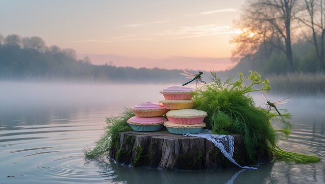 Pastel colored tarts on a tree stump island in foggy lake - Powered by Adobe