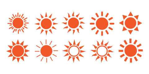 Sun icon set. Yellow sun star icons collection. Summer, sunlight, nature, sky. Vector illustration isolated on white background.