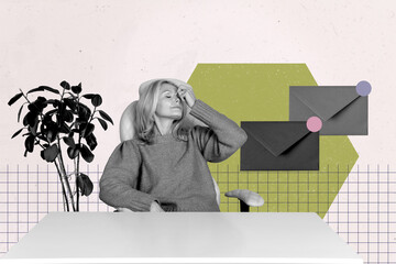 Trendy art creative full zine photo collage of happy girl guy sit indoor office type message laptop...