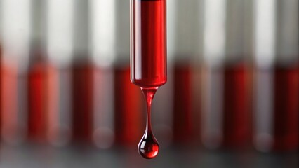 A close-up of a drop of red liquid falling from a glass pipette, with blurred test tubes in the background.