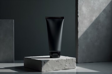 Black matte cosmetic tube in concrete podium.