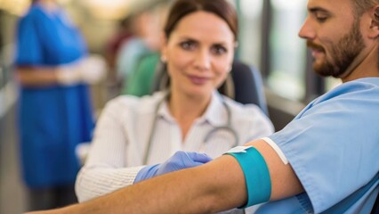 Fototapeta premium A healthcare professional assists a patient during a blood donation in a clinical setting.