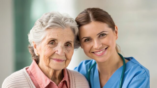Caring healthcare professional poses with an elderly patient, showcasing compassion and support in a warm environment.