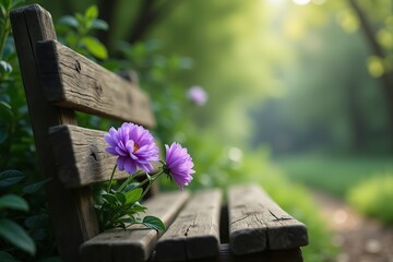 Flowers are placed on a wooden bench in a blooming garden setting