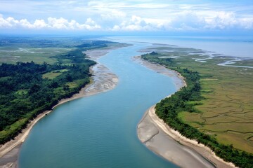 Wide river flowing into the bay of bengal creating lush green vegetation